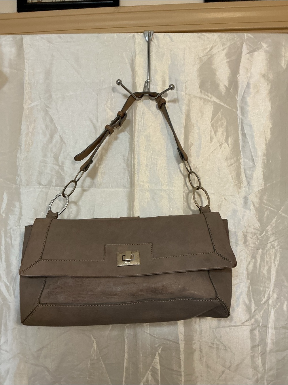 Taupe Shoulder Bag with Chain-Link Strap